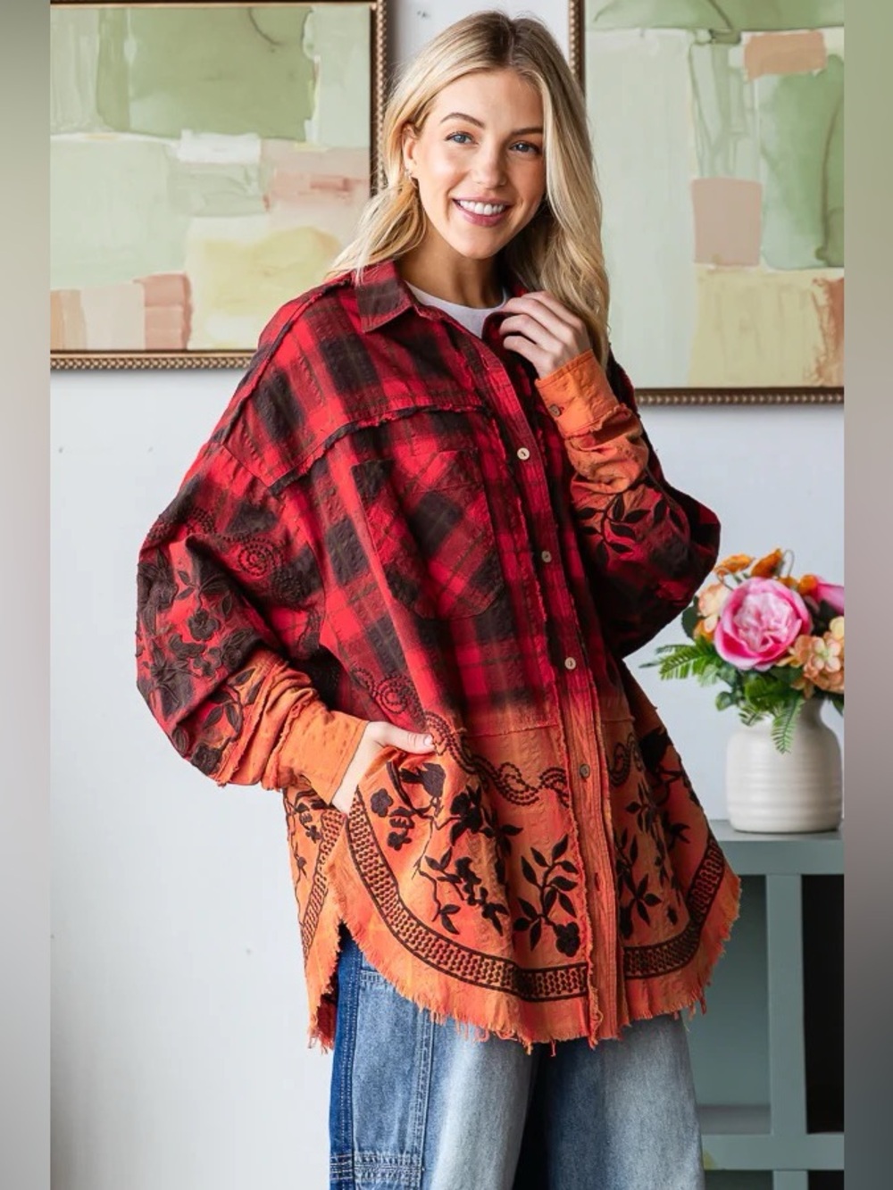 Oli & Hali Mineral Washed Plaid Embroidered Shirt Relaxed Cotton Women Size L - Picture 5 of 16